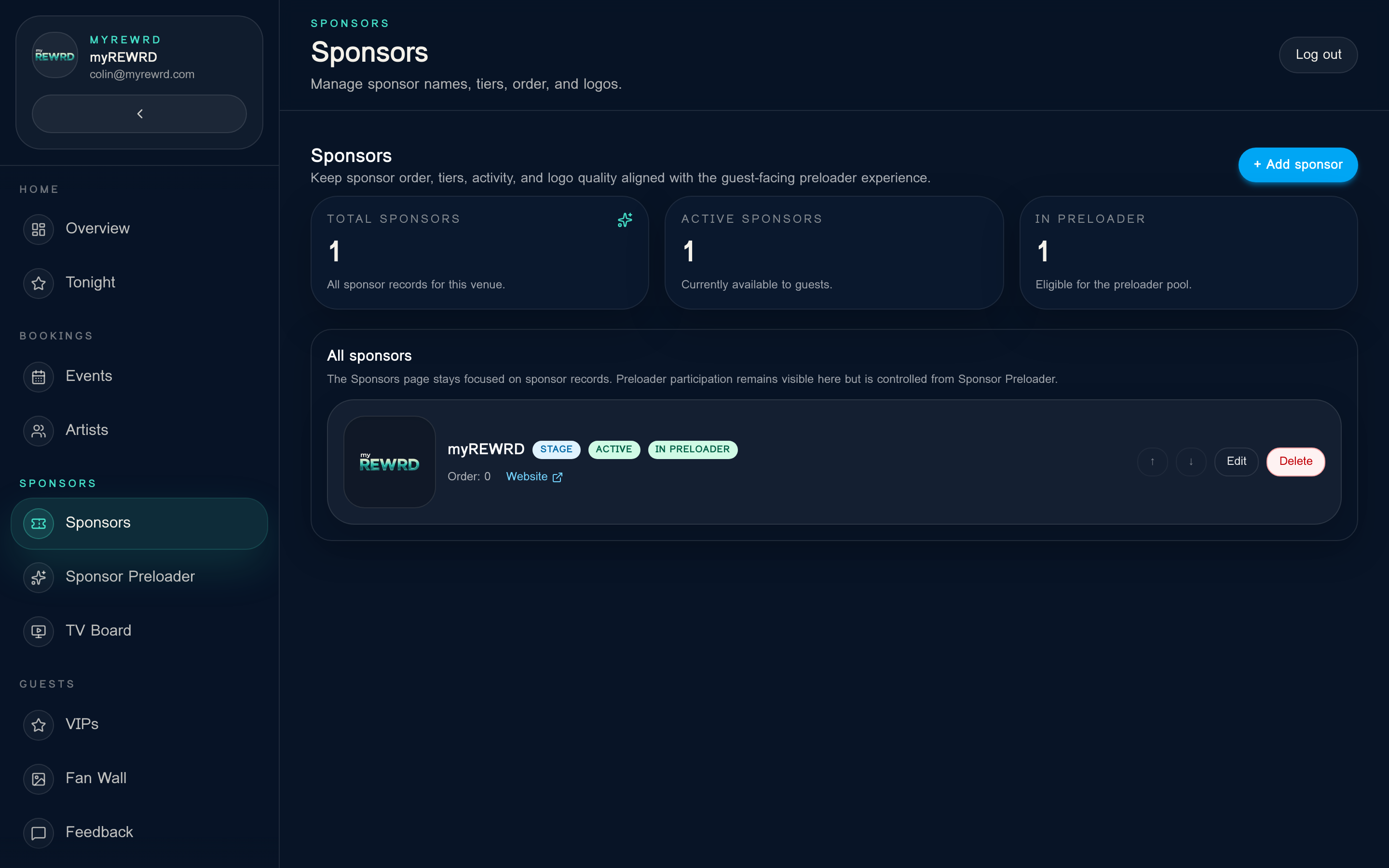 myREWRD sponsor management dashboard showing active sponsors