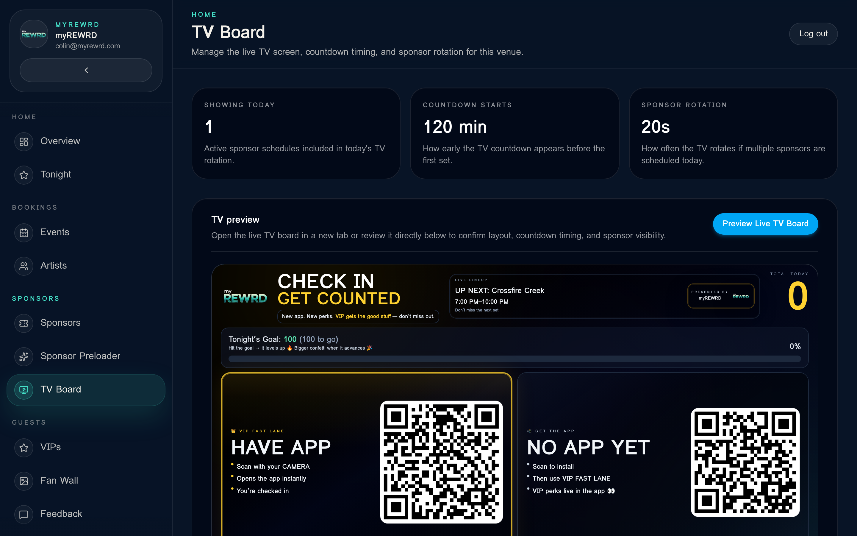 myREWRD TV board showing live lineup, check-in QR codes, and sponsor placements