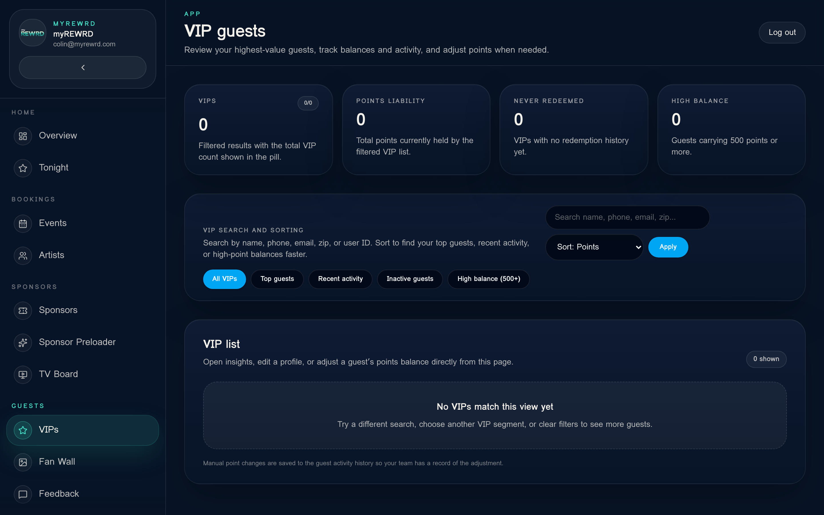 myREWRD VIP guests dashboard showing guest activity and loyalty data